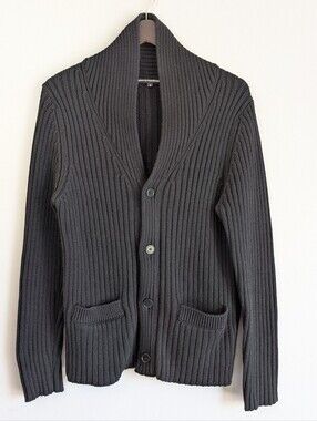 Drykorn For Beautiful People Black Rib Knit Wool Blend Cardigan, Shawl Collar, M